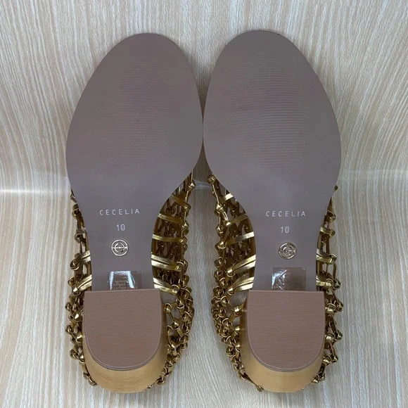 CECELIA Gold Woven Leather Block Heel Sandals 10 Statement Luxe - Picture 6 of 7